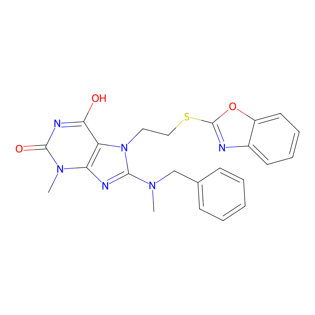 7-(2-(benzo[d]oxazol-2-ylthio)ethyl)-8-(benzyl(methyl)amino)-3-methyl-1H-purine-2,6(3H,7H)-dione molecular structure, CAS 850914-48-6