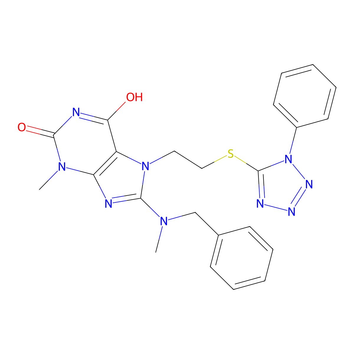 8-(benzyl(methyl)amino)-3-methyl-7-(2-((1-phenyl-1H-tetrazol-5-yl)thio)ethyl)-1H-purine-2,6(3H,7H)-dione molecular structure, CAS 850914-49-7
