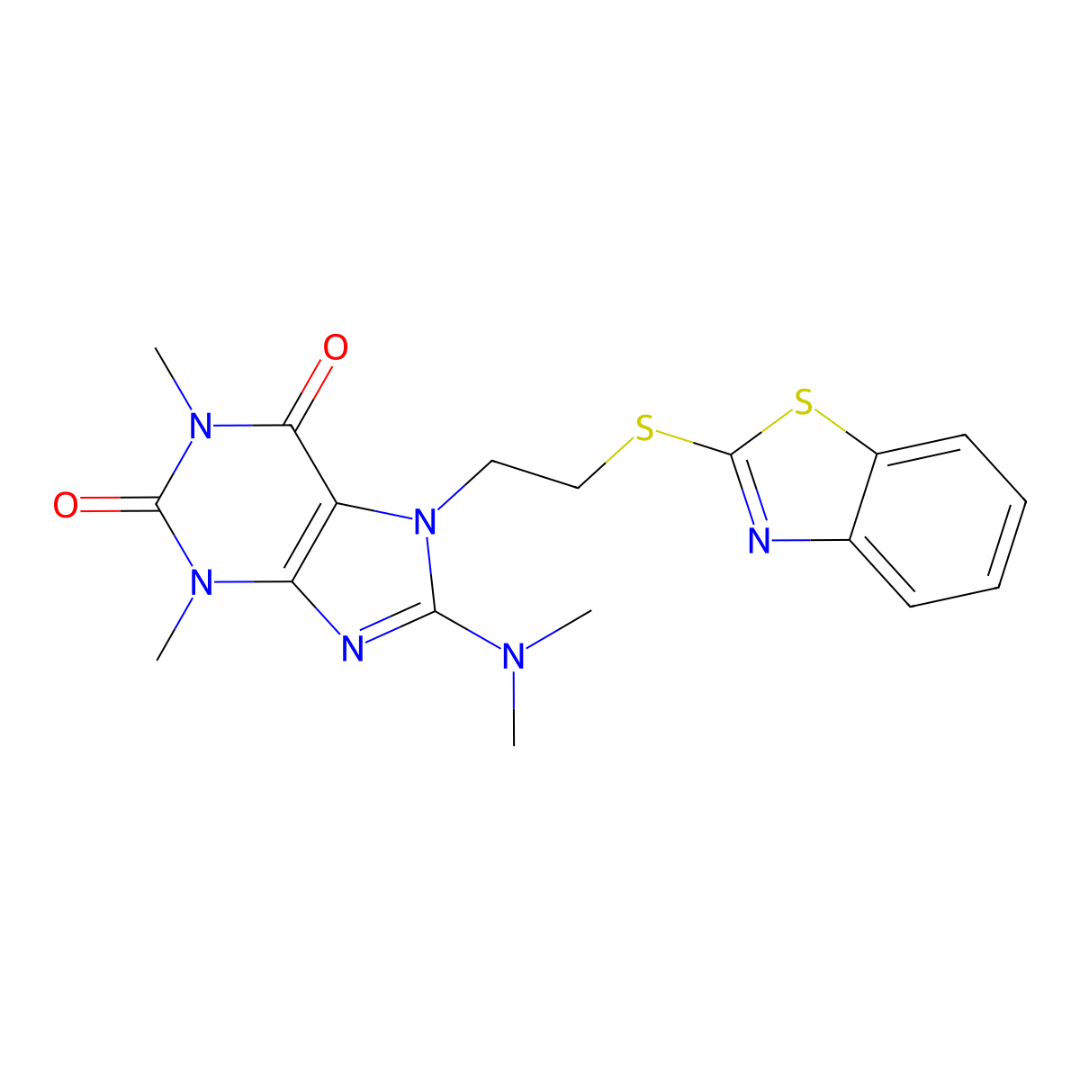 7-(2-(benzo[d]thiazol-2-ylthio)ethyl)-8-(dimethylamino)-1,3-dimethyl-1H-purine-2,6(3H,7H)-dione molecular structure, CAS 850914-50-0