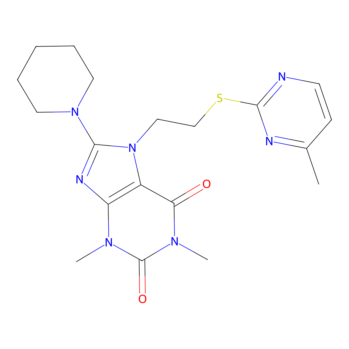 1,3-dimethyl-7-(2-((4-methylpyrimidin-2-yl)thio)ethyl)-8-(piperidin-1-yl)-1H-purine-2,6(3H,7H)-dione molecular structure, CAS 850914-51-1