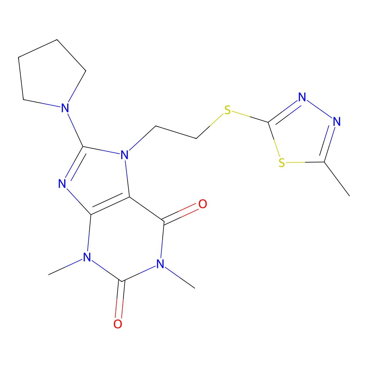 1,3-dimethyl-7-(2-((5-methyl-1,3,4-thiadiazol-2-yl)thio)ethyl)-8-(pyrrolidin-1-yl)-1H-purine-2,6(3H,7H)-dione molecular structure, CAS 850914-52-2