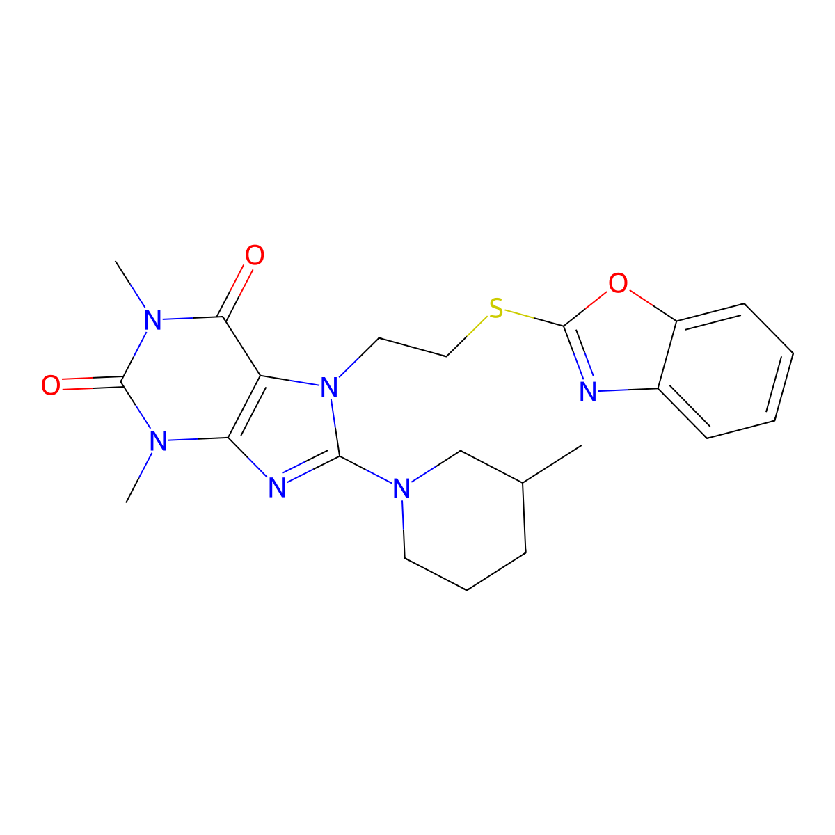 7-(2-(benzo[d]oxazol-2-ylthio)ethyl)-1,3-dimethyl-8-(3-methylpiperidin-1-yl)-1H-purine-2,6(3H,7H)-dione molecular structure, CAS 850914-54-4