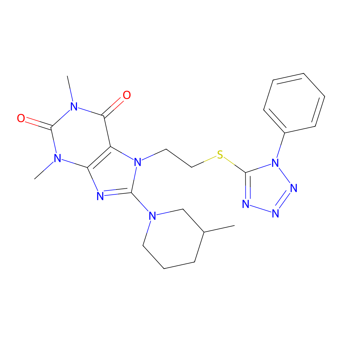 1,3-dimethyl-8-(3-methylpiperidin-1-yl)-7-(2-((1-phenyl-1H-tetrazol-5-yl)thio)ethyl)-1H-purine-2,6(3H,7H)-dione molecular structure, CAS 850914-55-5