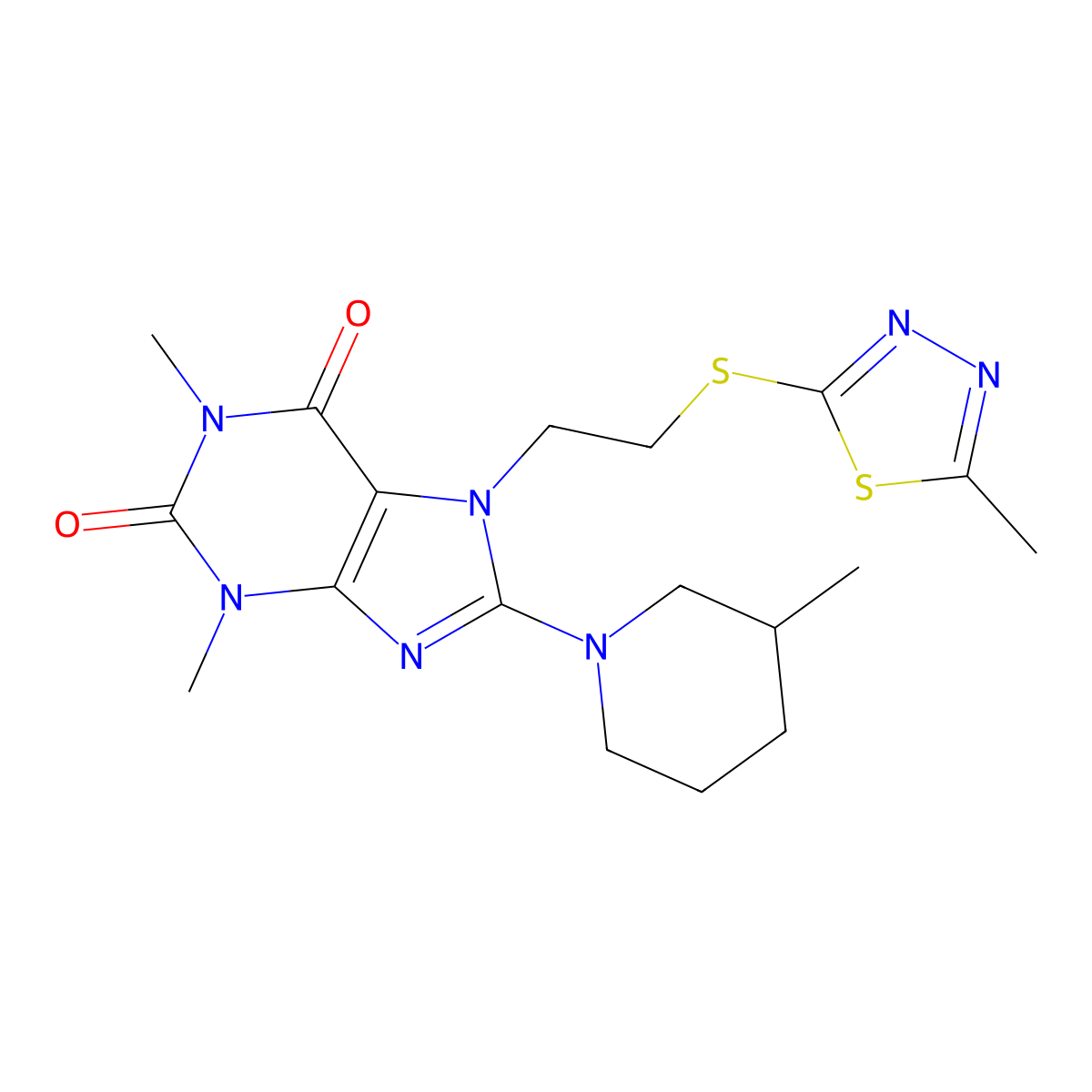 1,3-Dimethyl-8-(3-methyl-1-piperidinyl)-7-[2-[(5-methyl-1,3,4-thiadiazol-2-yl)thio]ethyl]purine-2,6-dione molecular structure, CAS 850914-56-6