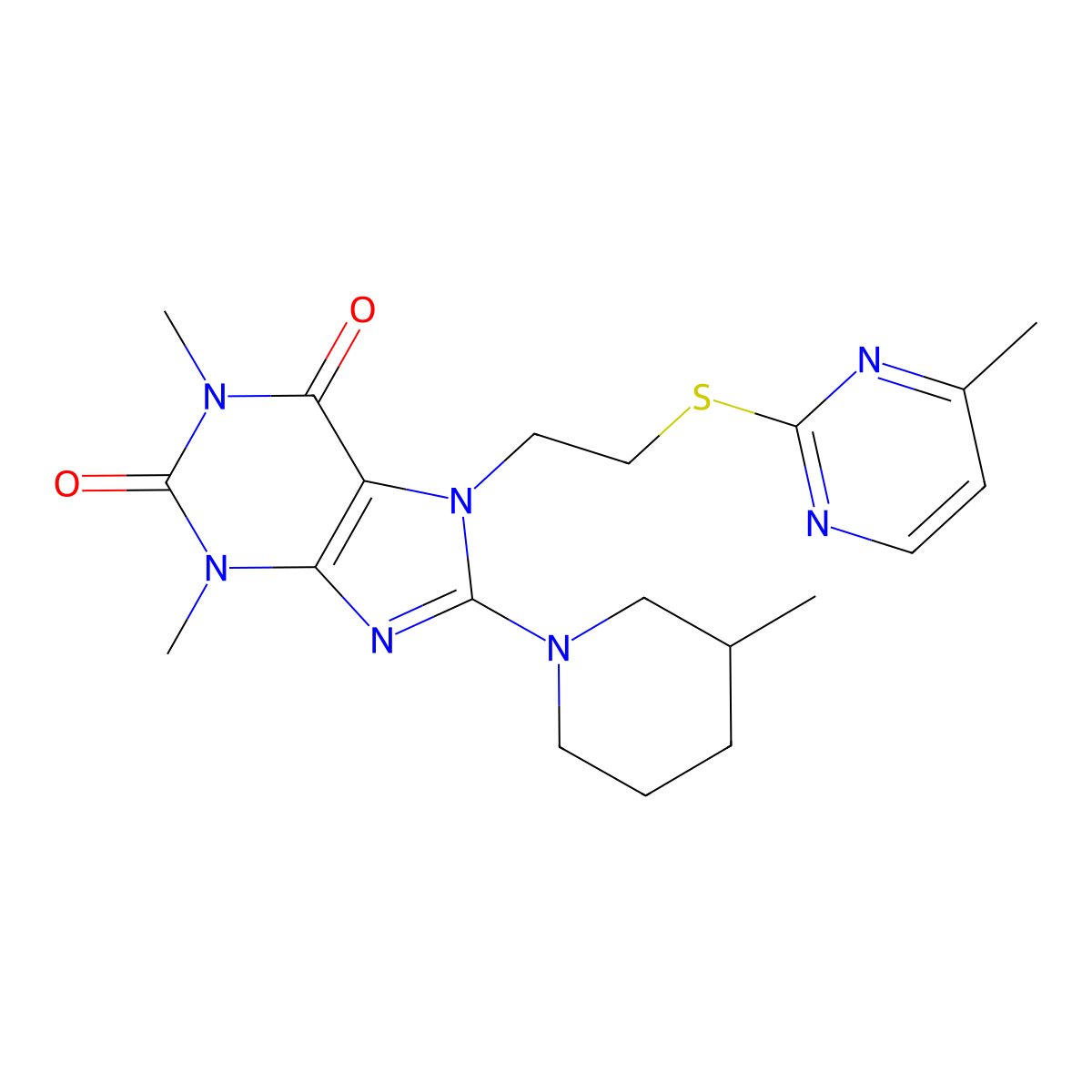 1,3-dimethyl-8-(3-methylpiperidin-1-yl)-7-(2-((4-methylpyrimidin-2-yl)thio)ethyl)-1H-purine-2,6(3H,7H)-dione molecular structure, CAS 850914-57-7