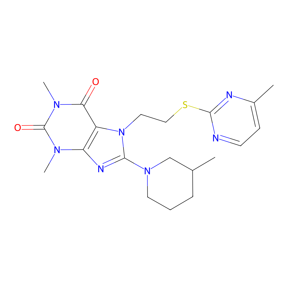 1,3-dimethyl-8-(3-methylpiperidin-1-yl)-7-(2-((4-methylpyrimidin-2-yl)thio)ethyl)-1H-purine-2,6(3H,7H)-dione molecular structure, CAS 850914-57-7