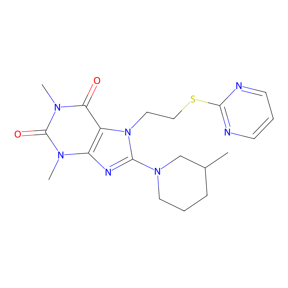 1,3-dimethyl-8-(3-methylpiperidin-1-yl)-7-(2-(pyrimidin-2-ylthio)ethyl)-1H-purine-2,6(3H,7H)-dione molecular structure, CAS 850914-58-8