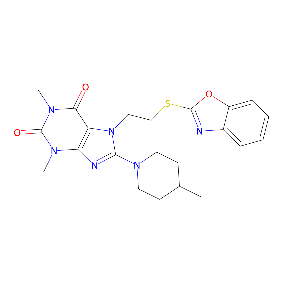 7-(2-(benzo[d]oxazol-2-ylthio)ethyl)-1,3-dimethyl-8-(4-methylpiperidin-1-yl)-1H-purine-2,6(3H,7H)-dione molecular structure, CAS 850914-59-9