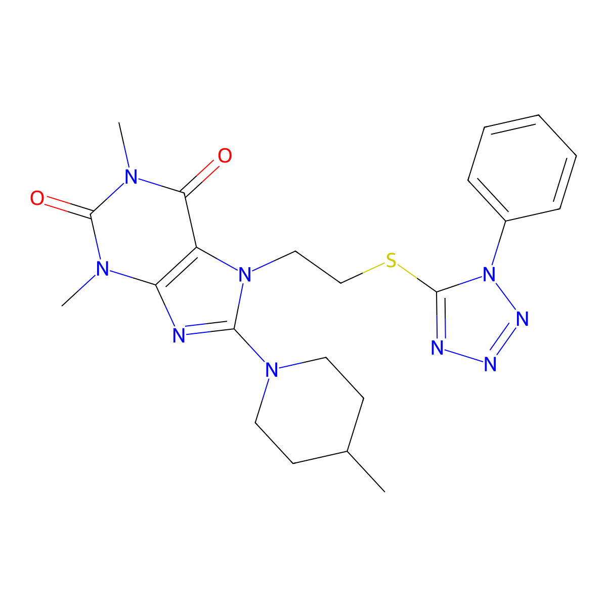 1,3-dimethyl-8-(4-methylpiperidin-1-yl)-7-(2-((1-phenyl-1H-tetrazol-5-yl)thio)ethyl)-1H-purine-2,6(3H,7H)-dione molecular structure, CAS 850914-60-2