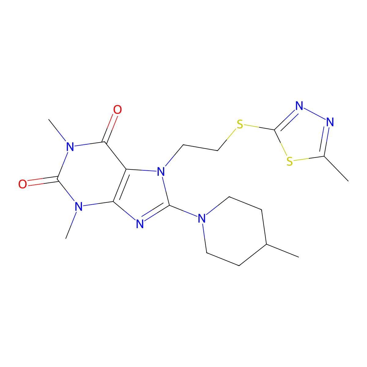 1,3-dimethyl-7-(2-((5-methyl-1,3,4-thiadiazol-2-yl)thio)ethyl)-8-(4-methylpiperidin-1-yl)-1H-purine-2,6(3H,7H)-dione molecular structure, CAS 850914-61-3