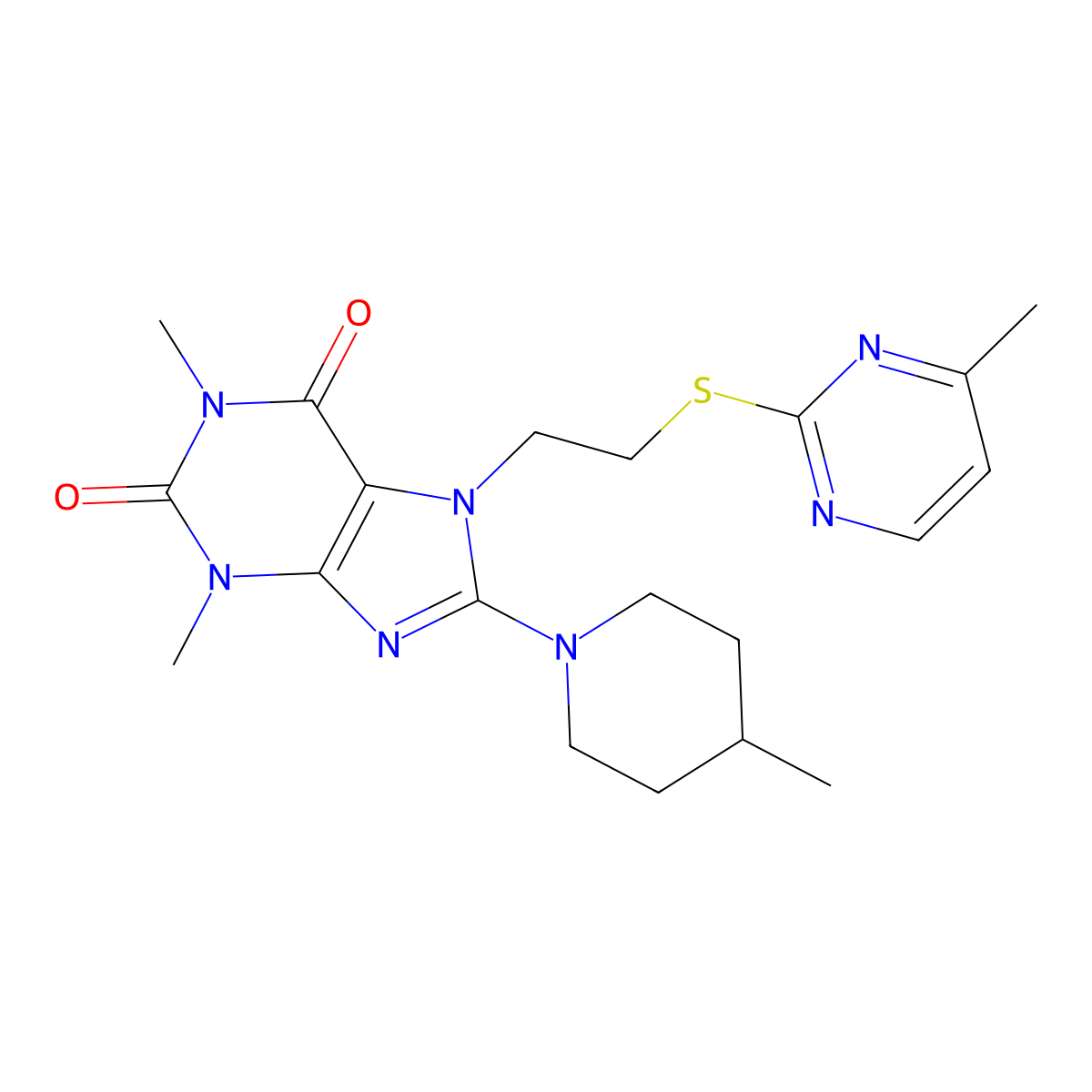1,3-dimethyl-8-(4-methylpiperidin-1-yl)-7-(2-((4-methylpyrimidin-2-yl)thio)ethyl)-1H-purine-2,6(3H,7H)-dione molecular structure, CAS 850914-62-4