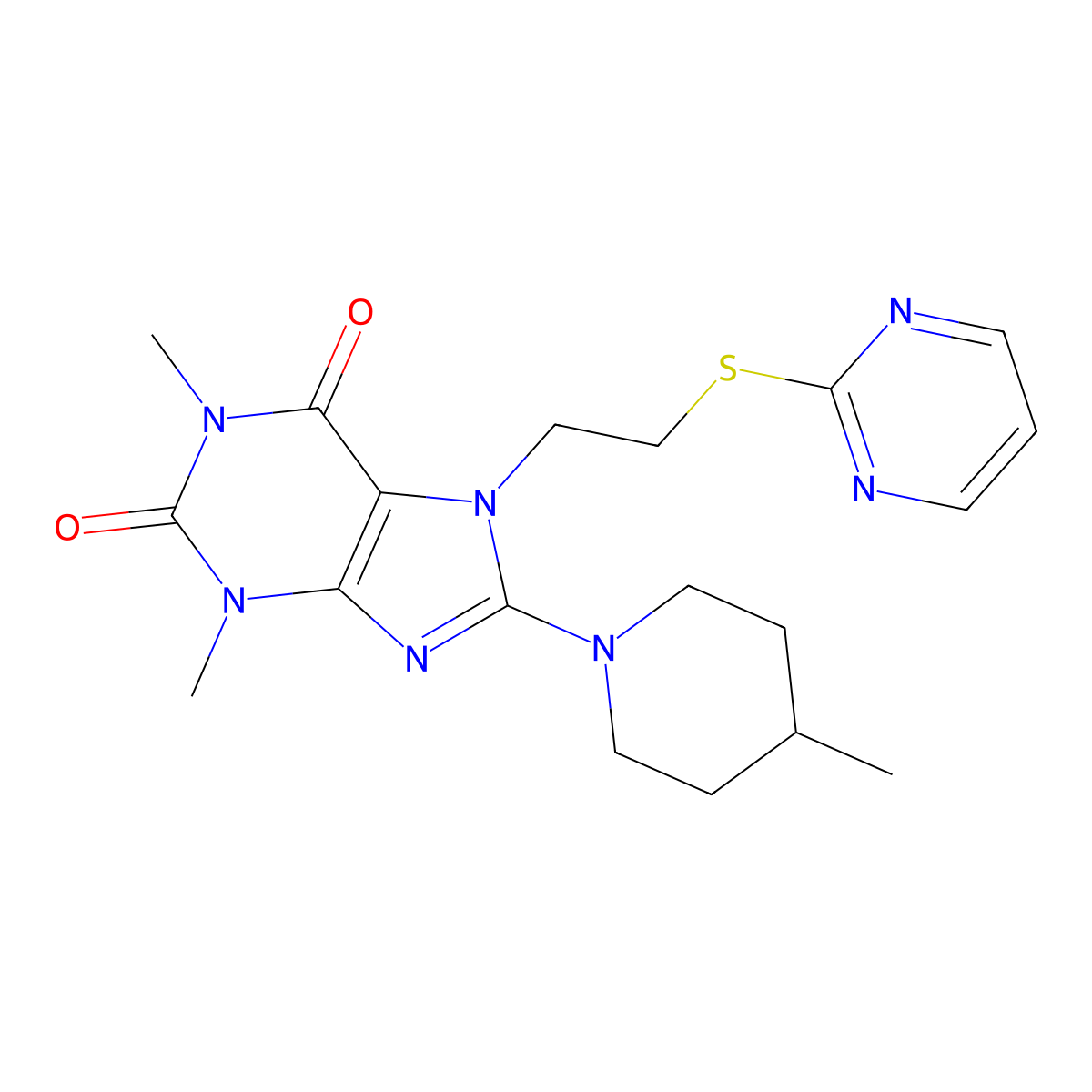 1,3-dimethyl-8-(4-methylpiperidin-1-yl)-7-(2-(pyrimidin-2-ylthio)ethyl)-1H-purine-2,6(3H,7H)-dione molecular structure, CAS 850914-63-5
