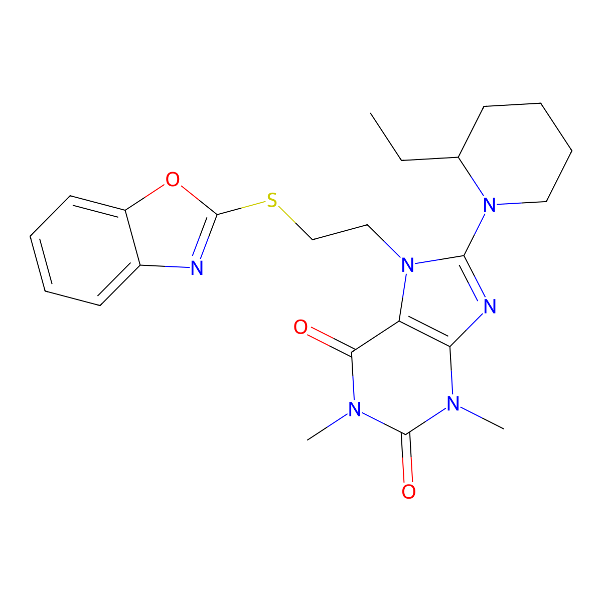 7-(2-(benzo[d]oxazol-2-ylthio)ethyl)-8-(2-ethylpiperidin-1-yl)-1,3-dimethyl-1H-purine-2,6(3H,7H)-dione molecular structure, CAS 850914-64-6