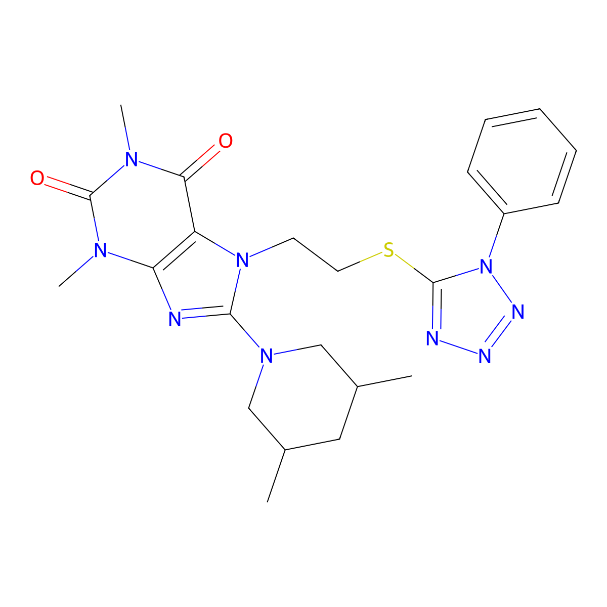 8-(3,5-dimethylpiperidin-1-yl)-1,3-dimethyl-7-(2-((1-phenyl-1H-tetrazol-5-yl)thio)ethyl)-1H-purine-2,6(3H,7H)-dione molecular structure, CAS 850914-65-7