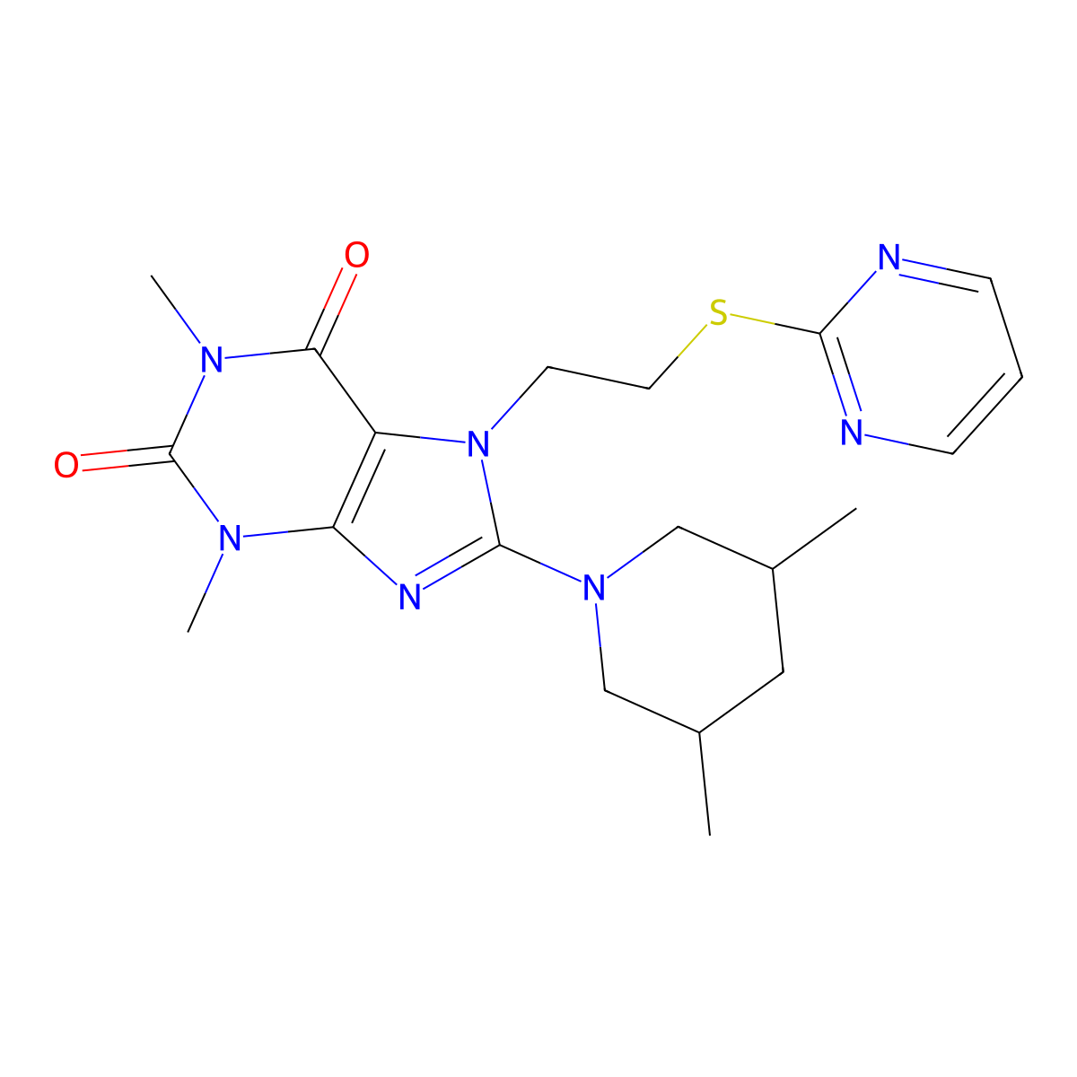8-(3,5-Dimethylpiperidin-1-yl)-1,3-dimethyl-7-(2-pyrimidin-2-ylsulfanylethyl)purine-2,6-dione molecular structure, CAS 850914-67-9