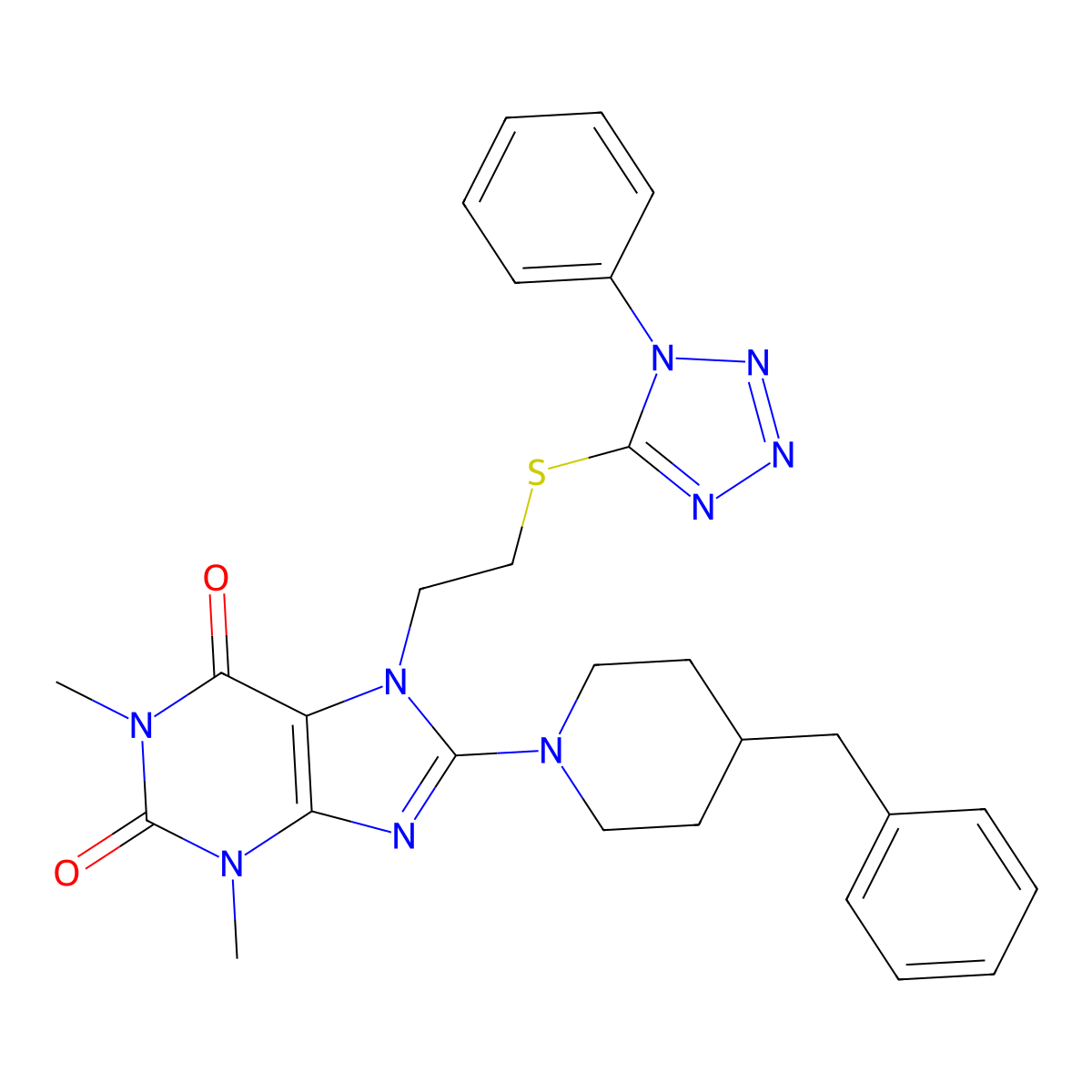 8-(4-benzylpiperidin-1-yl)-1,3-dimethyl-7-(2-((1-phenyl-1H-tetrazol-5-yl)thio)ethyl)-1H-purine-2,6(3H,7H)-dione molecular structure, CAS 850914-69-1