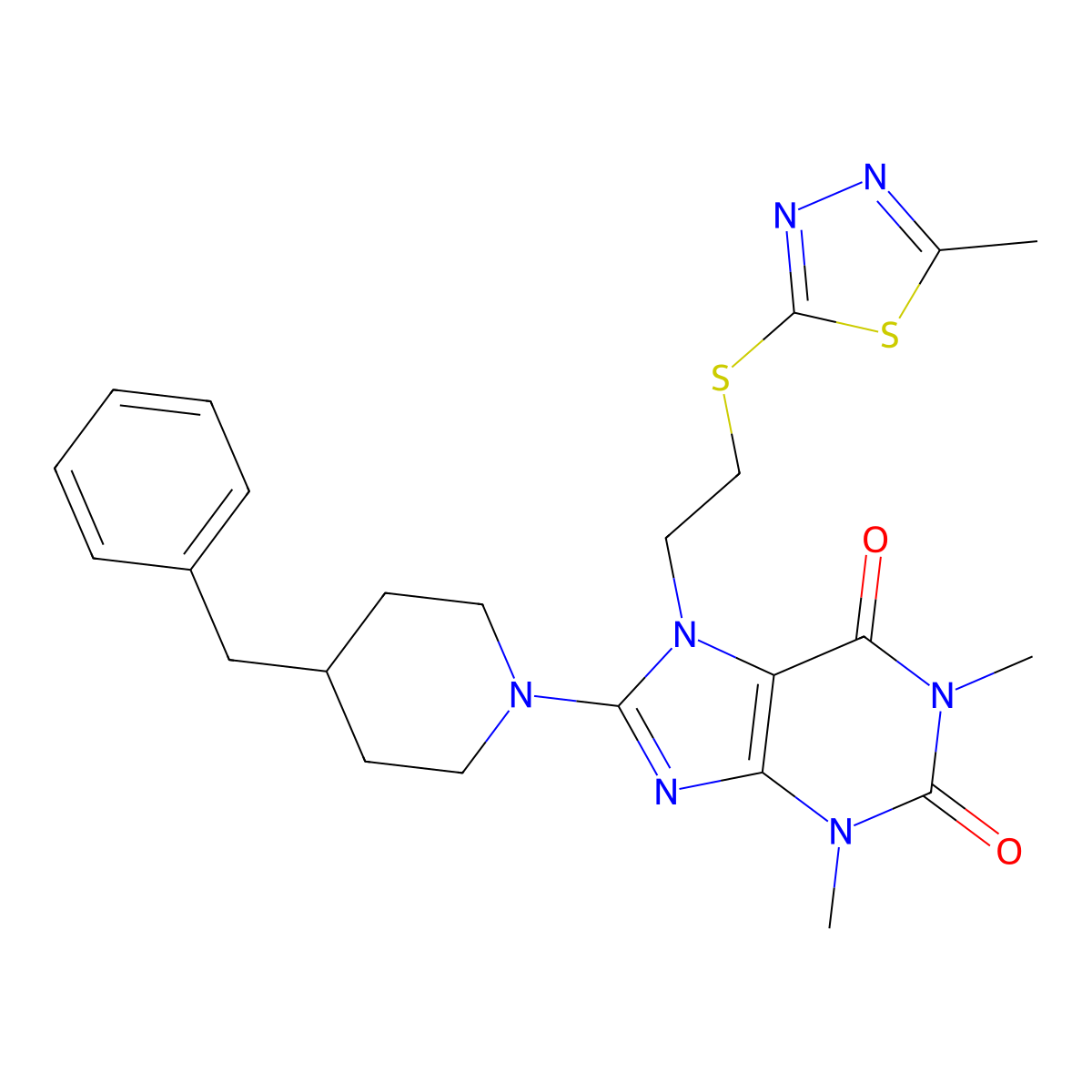 8-(4-benzylpiperidin-1-yl)-1,3-dimethyl-7-(2-((5-methyl-1,3,4-thiadiazol-2-yl)thio)ethyl)-1H-purine-2,6(3H,7H)-dione molecular structure, CAS 850914-70-4