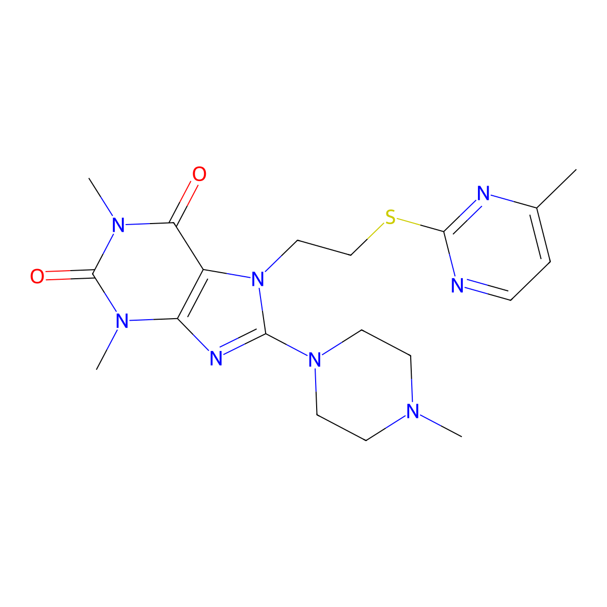 1,3-dimethyl-8-(4-methylpiperazin-1-yl)-7-(2-((4-methylpyrimidin-2-yl)thio)ethyl)-1H-purine-2,6(3H,7H)-dione molecular structure, CAS 850914-74-8