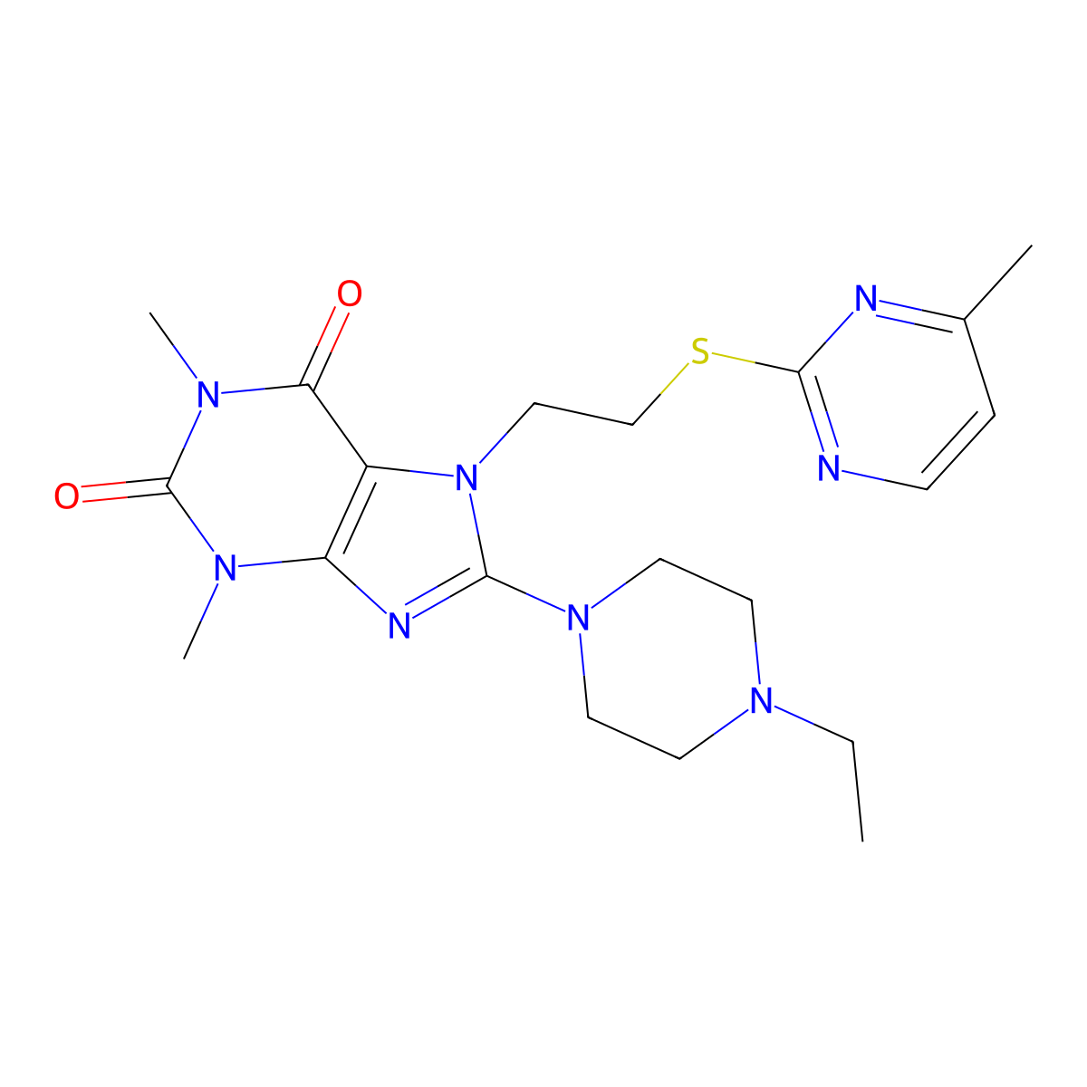 8-(4-ethylpiperazin-1-yl)-1,3-dimethyl-7-(2-((4-methylpyrimidin-2-yl)thio)ethyl)-1H-purine-2,6(3H,7H)-dione molecular structure, CAS 850914-75-9