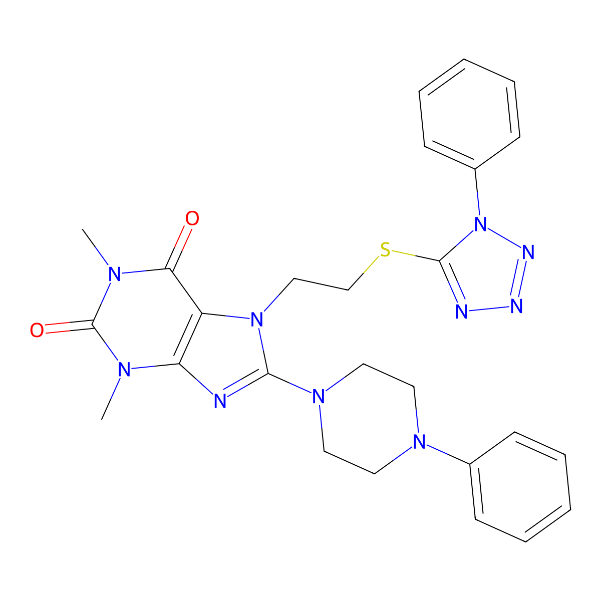 1,3-Dimethyl-8-(4-phenylpiperazin-1-yl)-7-[2-(1-phenyltetrazol-5-yl)sulfanylethyl]purine-2,6-dione molecular structure, CAS 850914-76-0