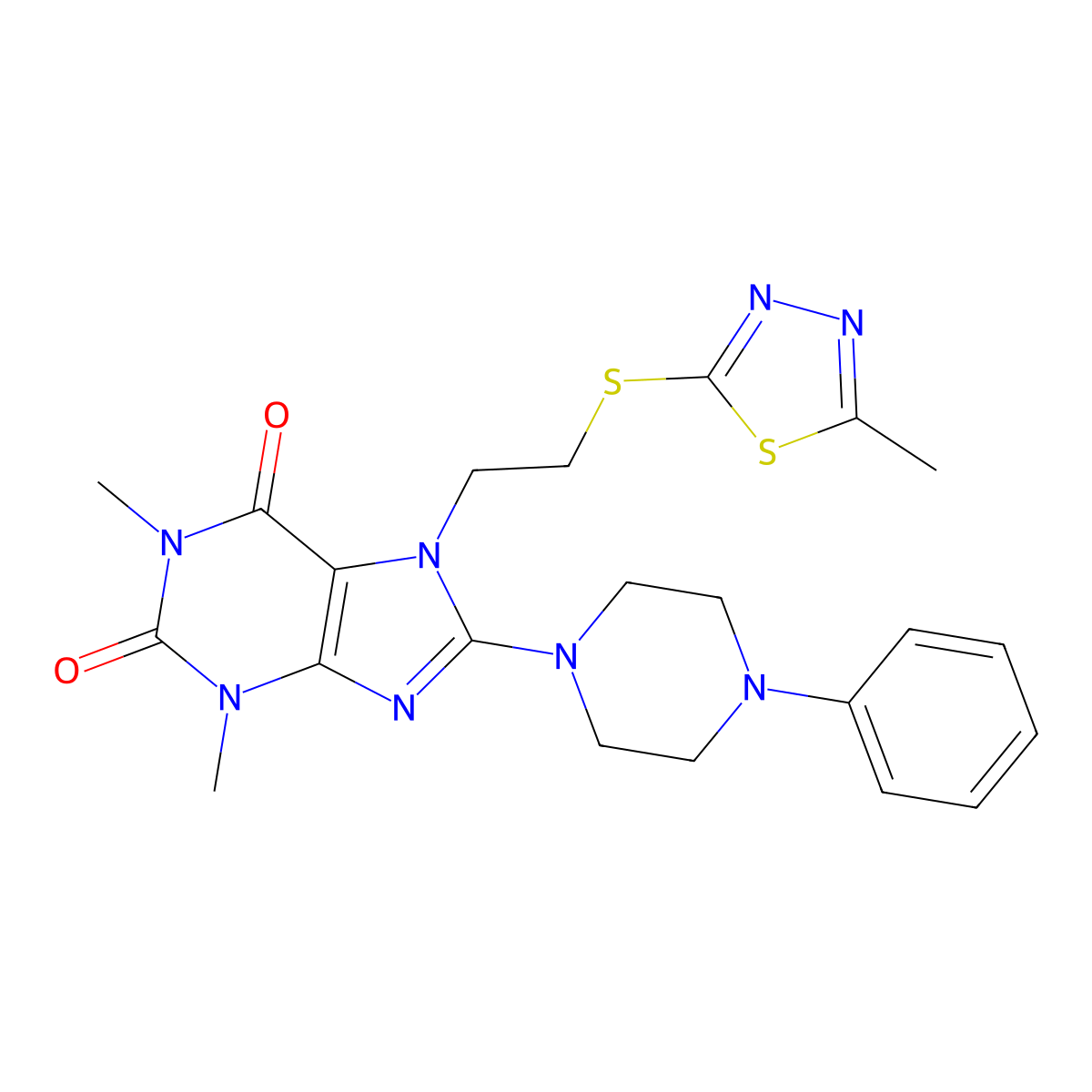 1,3-dimethyl-7-(2-((5-methyl-1,3,4-thiadiazol-2-yl)thio)ethyl)-8-(4-phenylpiperazin-1-yl)-1H-purine-2,6(3H,7H)-dione molecular structure, CAS 850914-77-1