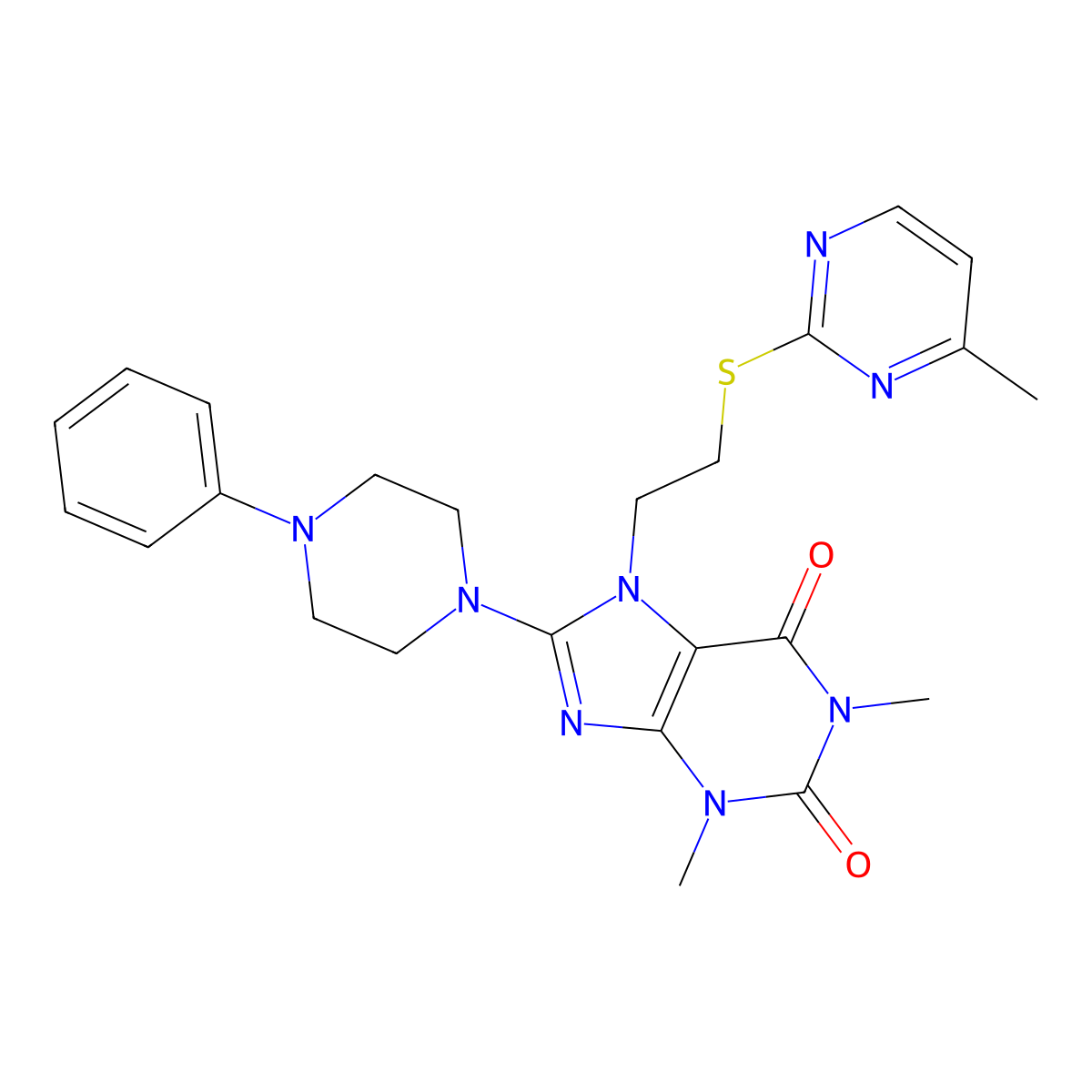 1,3-dimethyl-7-(2-((4-methylpyrimidin-2-yl)thio)ethyl)-8-(4-phenylpiperazin-1-yl)-1H-purine-2,6(3H,7H)-dione molecular structure, CAS 850914-78-2