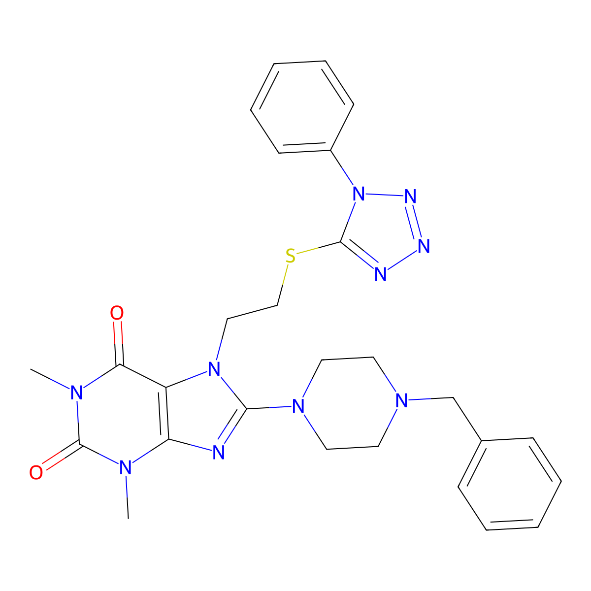 8-(4-Benzylpiperazin-1-yl)-1,3-dimethyl-7-[2-(1-phenyltetrazol-5-yl)sulfanylethyl]purine-2,6-dione molecular structure, CAS 850914-79-3
