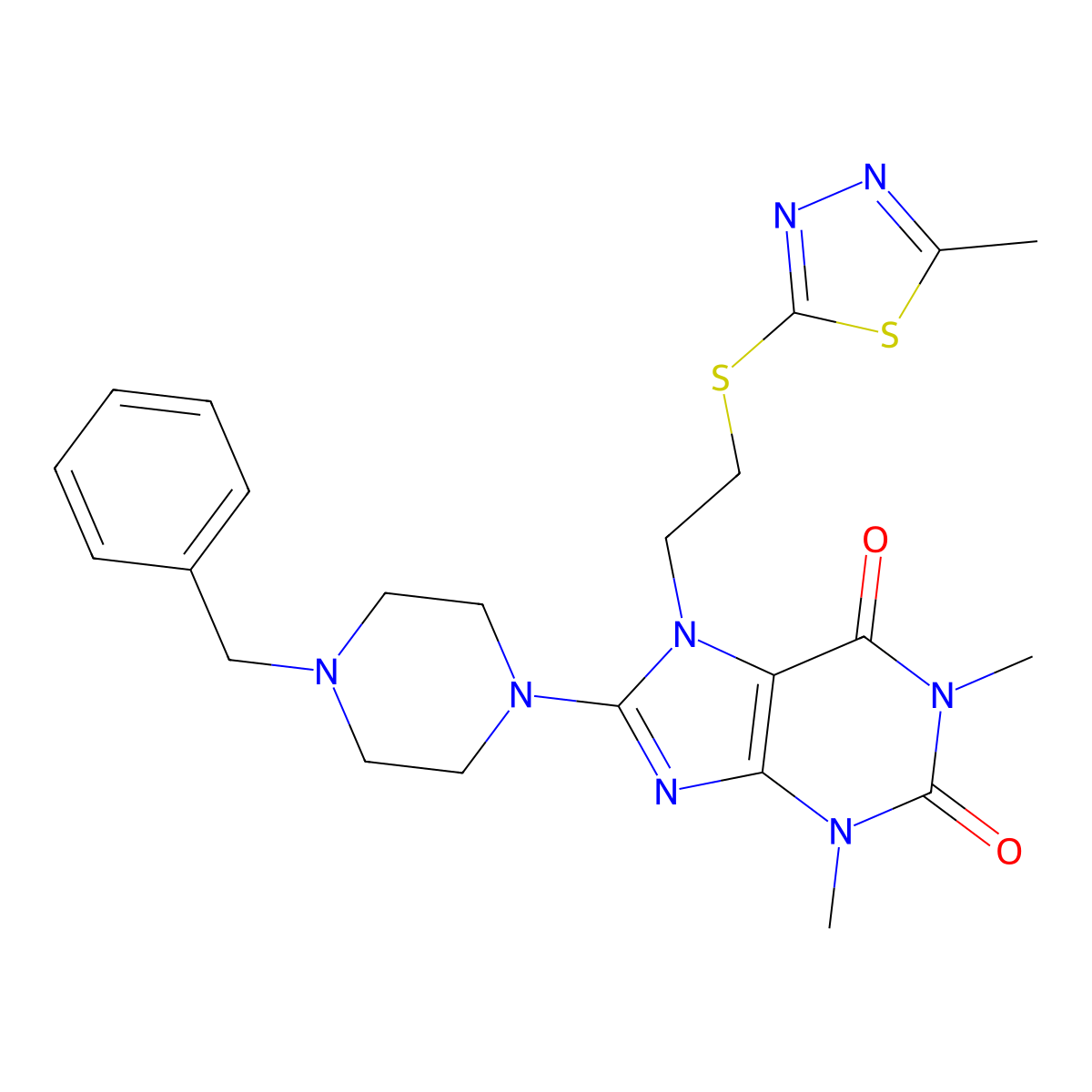 8-(4-benzylpiperazin-1-yl)-1,3-dimethyl-7-(2-((5-methyl-1,3,4-thiadiazol-2-yl)thio)ethyl)-1H-purine-2,6(3H,7H)-dione molecular structure, CAS 850914-80-6