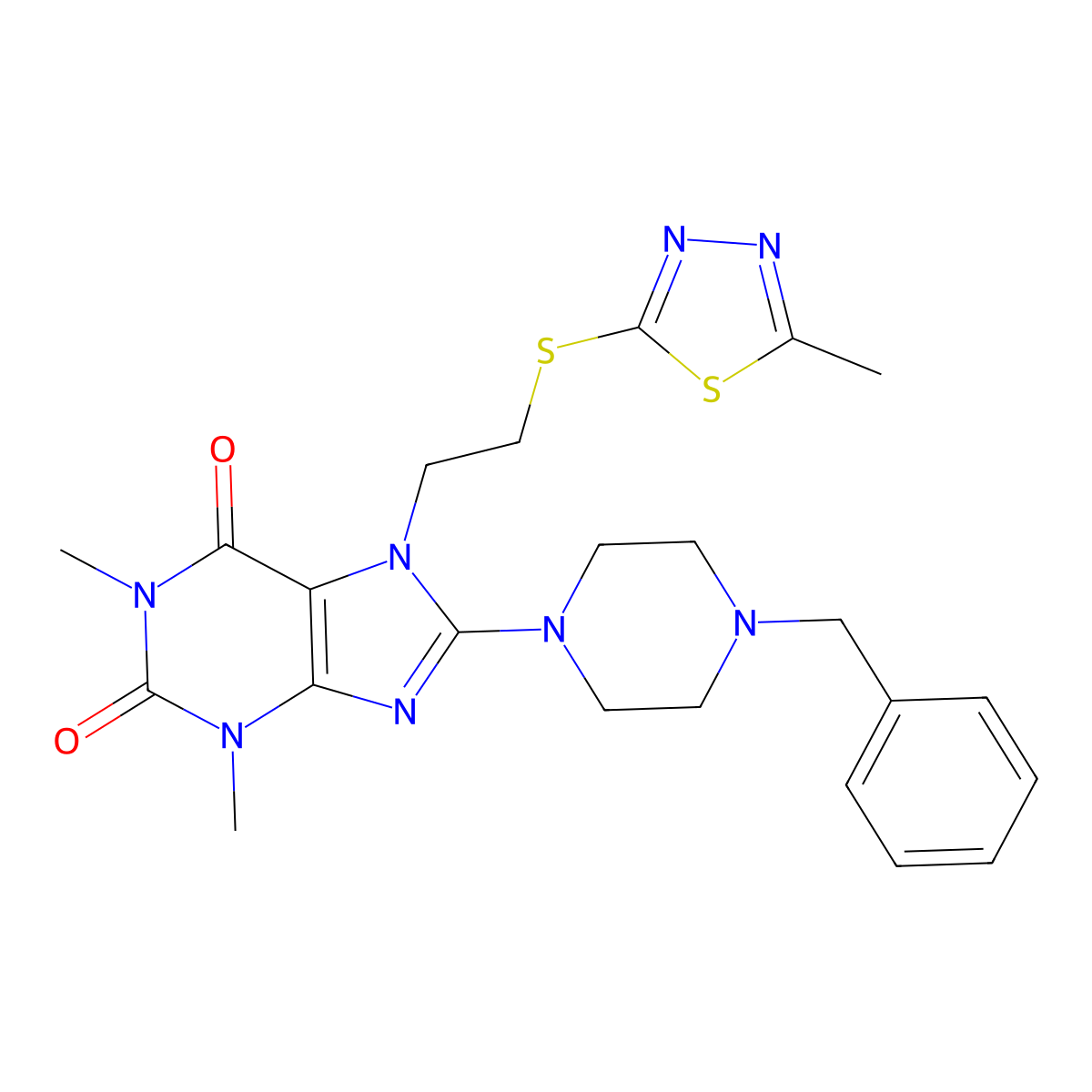 8-(4-benzylpiperazin-1-yl)-1,3-dimethyl-7-(2-((5-methyl-1,3,4-thiadiazol-2-yl)thio)ethyl)-1H-purine-2,6(3H,7H)-dione molecular structure, CAS 850914-80-6