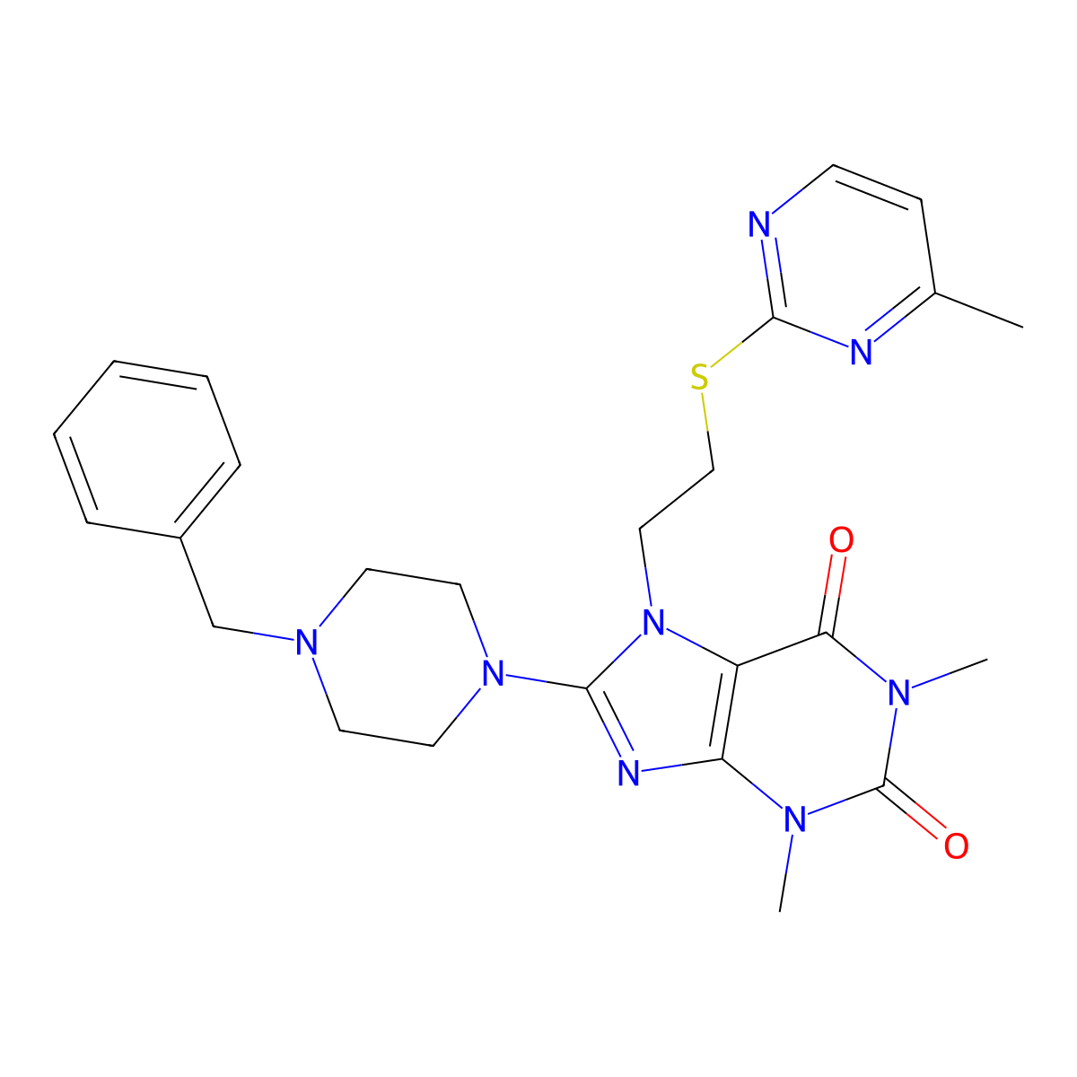 8-(4-benzylpiperazin-1-yl)-1,3-dimethyl-7-(2-((4-methylpyrimidin-2-yl)thio)ethyl)-1H-purine-2,6(3H,7H)-dione molecular structure, CAS 850914-81-7