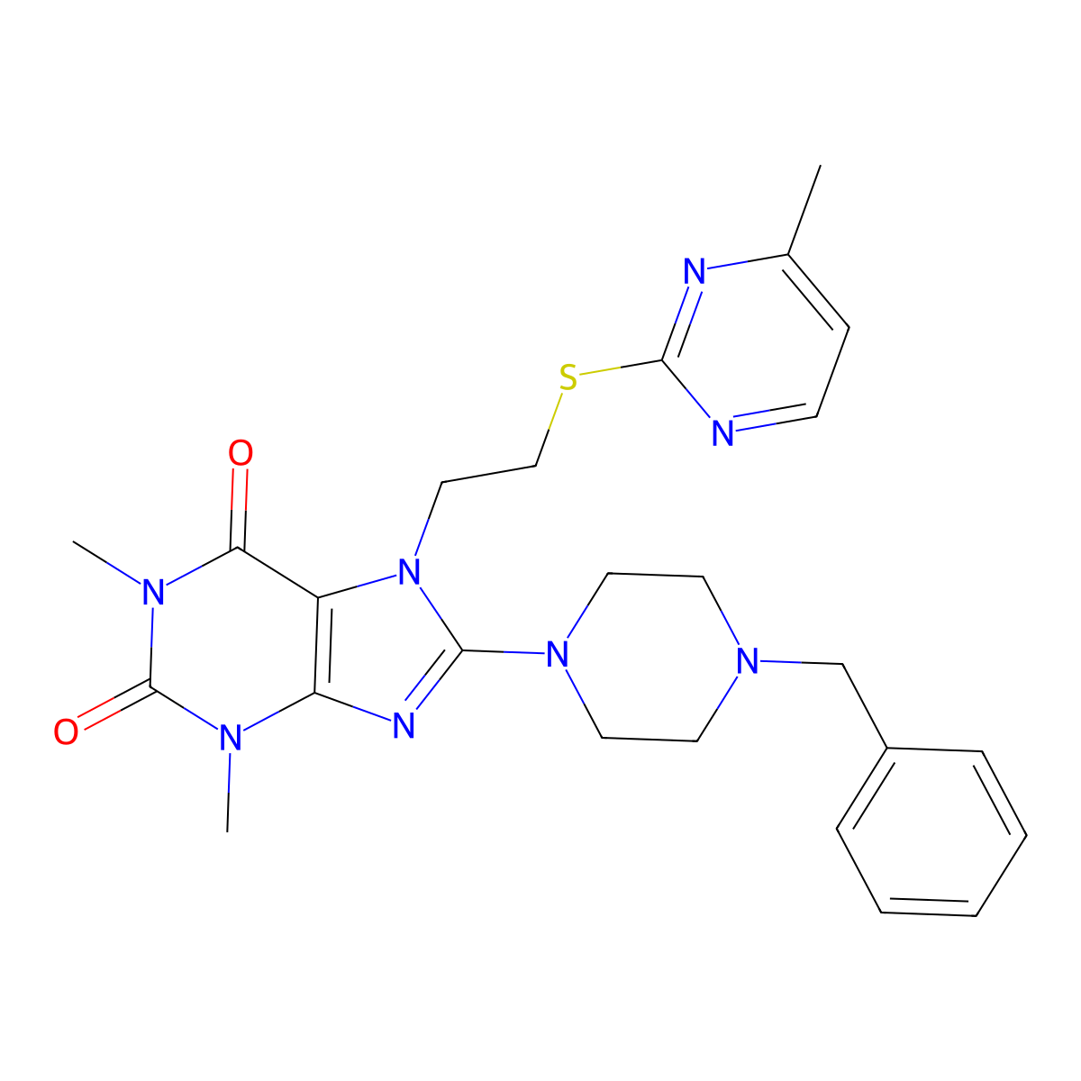 8-(4-benzylpiperazin-1-yl)-1,3-dimethyl-7-(2-((4-methylpyrimidin-2-yl)thio)ethyl)-1H-purine-2,6(3H,7H)-dione molecular structure, CAS 850914-81-7