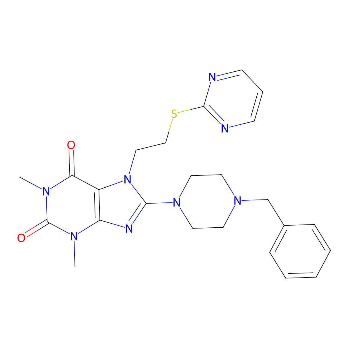 8-(4-benzylpiperazin-1-yl)-1,3-dimethyl-7-(2-(pyrimidin-2-ylthio)ethyl)-1H-purine-2,6(3H,7H)-dione molecular structure, CAS 850914-82-8