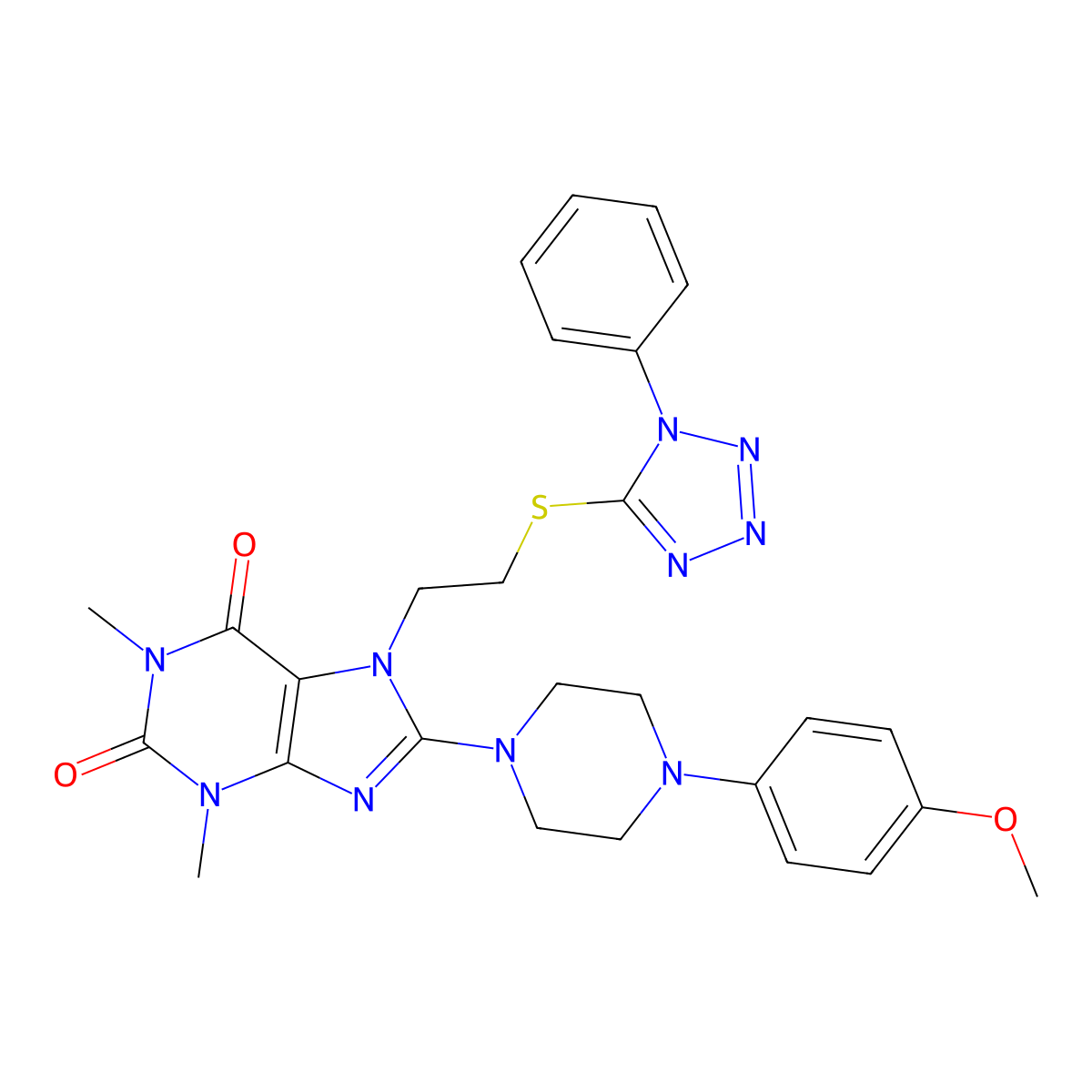 8-[4-(4-Methoxyphenyl)piperazin-1-yl]-1,3-dimethyl-7-[2-(1-phenyltetrazol-5-yl)sulfanylethyl]purine-2,6-dione molecular structure, CAS 850914-84-0