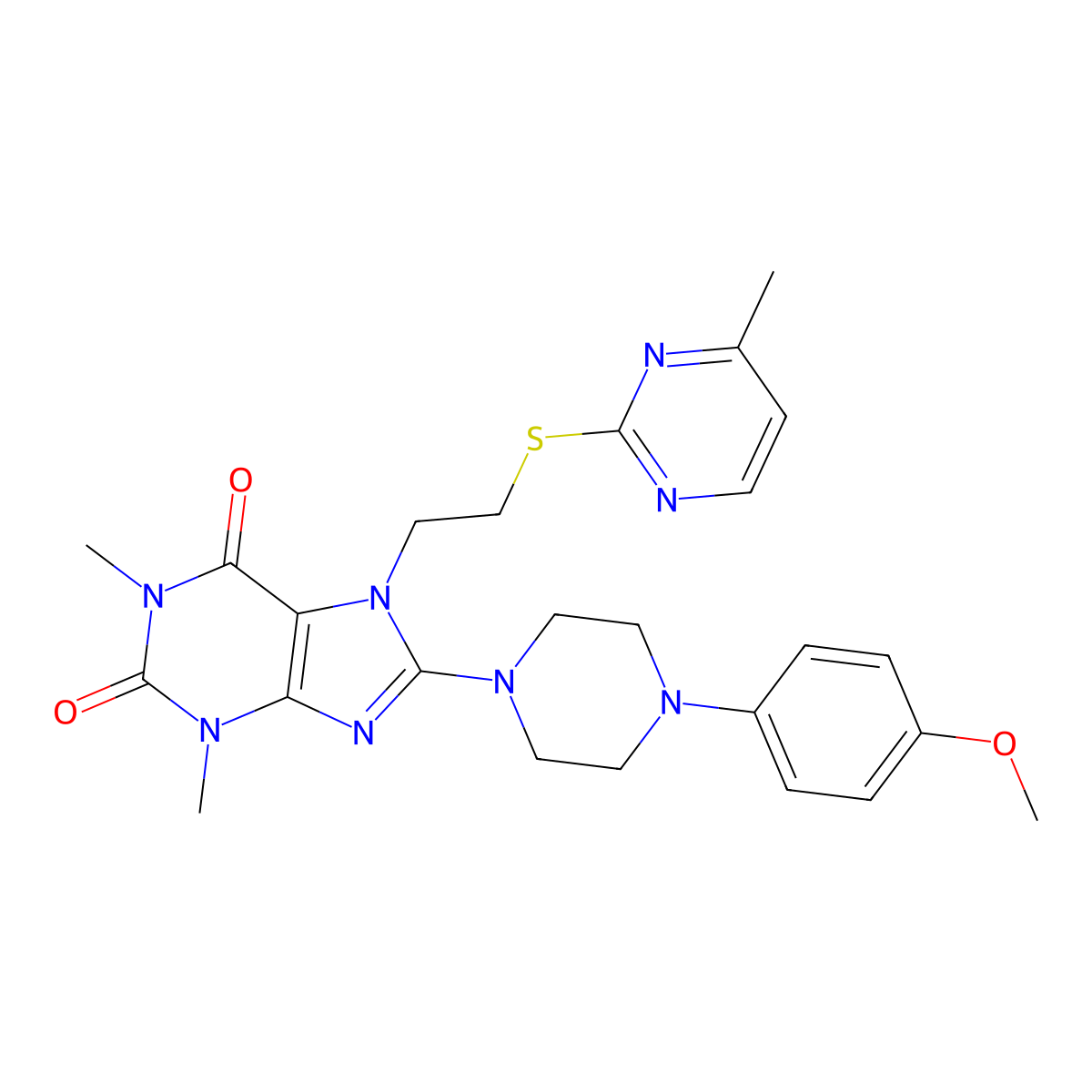 8-[4-(4-Methoxyphenyl)piperazin-1-yl]-1,3-dimethyl-7-[2-(4-methylpyrimidin-2-yl)sulfanylethyl]purine-2,6-dione molecular structure, CAS 850914-86-2