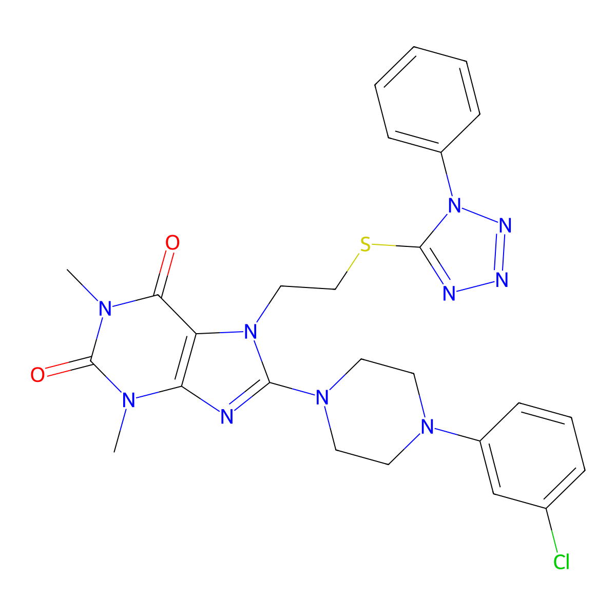 8-(4-(3-chlorophenyl)piperazin-1-yl)-1,3-dimethyl-7-(2-((1-phenyl-1H-tetrazol-5-yl)thio)ethyl)-1H-purine-2,6(3H,7H)-dione molecular structure, CAS 850914-88-4