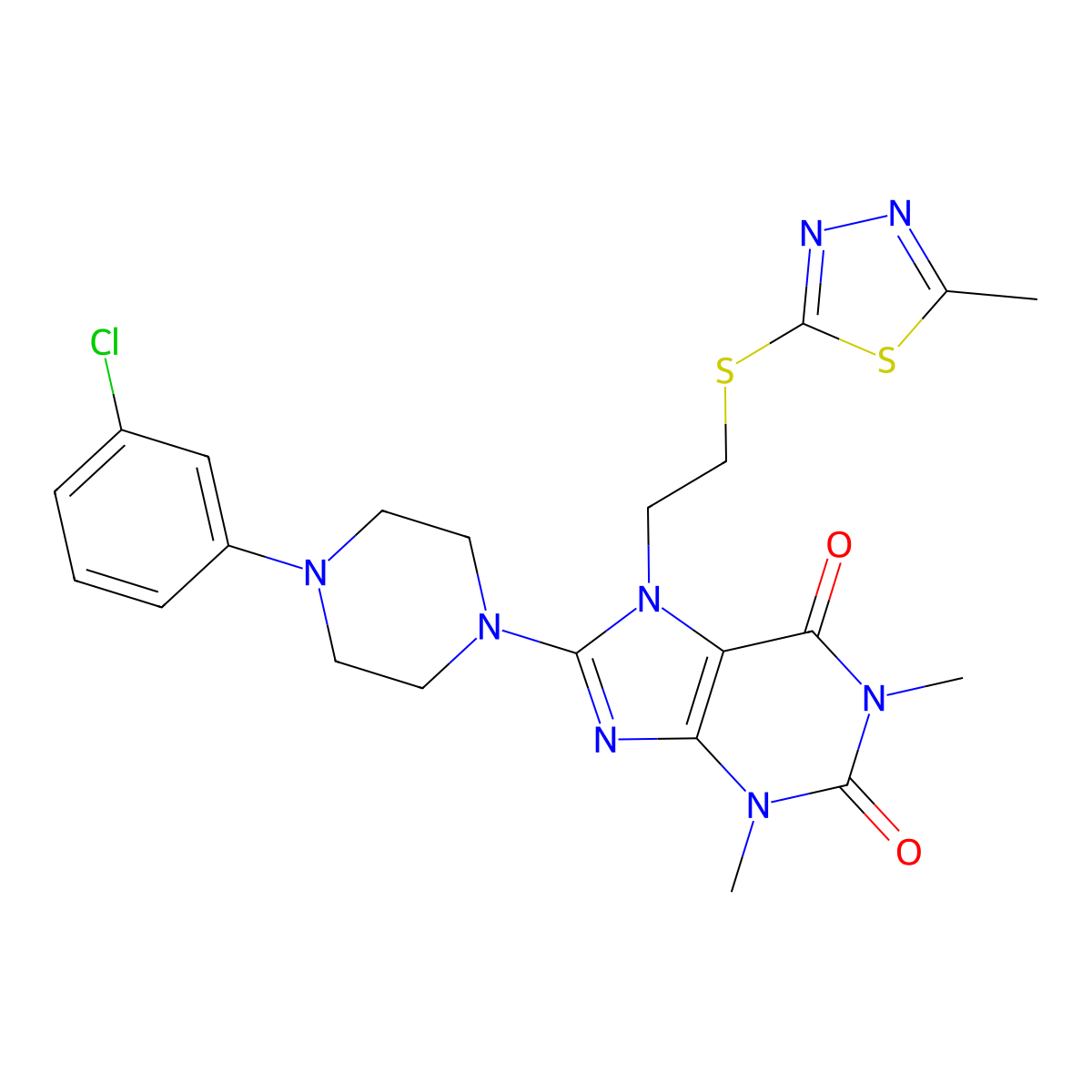 8-[4-(3-Chlorophenyl)piperazin-1-yl]-1,3-dimethyl-7-[2-[(5-methyl-1,3,4-thiadiazol-2-yl)sulfanyl]ethyl]purine-2,6-dione molecular structure, CAS 850914-89-5