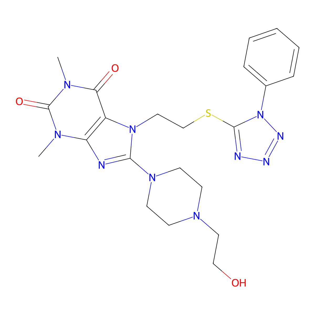 8-(4-(2-hydroxyethyl)piperazin-1-yl)-1,3-dimethyl-7-(2-((1-phenyl-1H-tetrazol-5-yl)thio)ethyl)-1H-purine-2,6(3H,7H)-dione molecular structure, CAS 850914-92-0