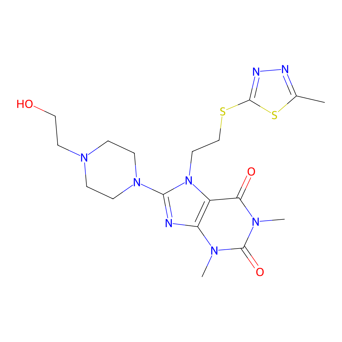 8-(4-(2-hydroxyethyl)piperazin-1-yl)-1,3-dimethyl-7-(2-((5-methyl-1,3,4-thiadiazol-2-yl)thio)ethyl)-1H-purine-2,6(3H,7H)-dione molecular structure, CAS 850914-93-1