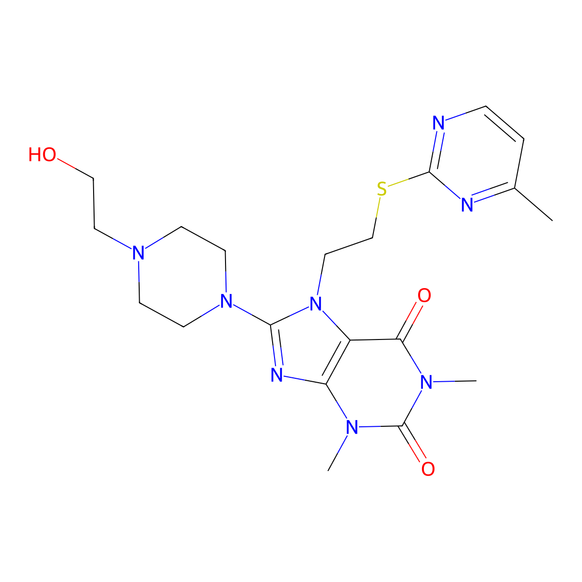 8-(4-(2-hydroxyethyl)piperazin-1-yl)-1,3-dimethyl-7-(2-((4-methylpyrimidin-2-yl)thio)ethyl)-1H-purine-2,6(3H,7H)-dione molecular structure, CAS 850914-94-2