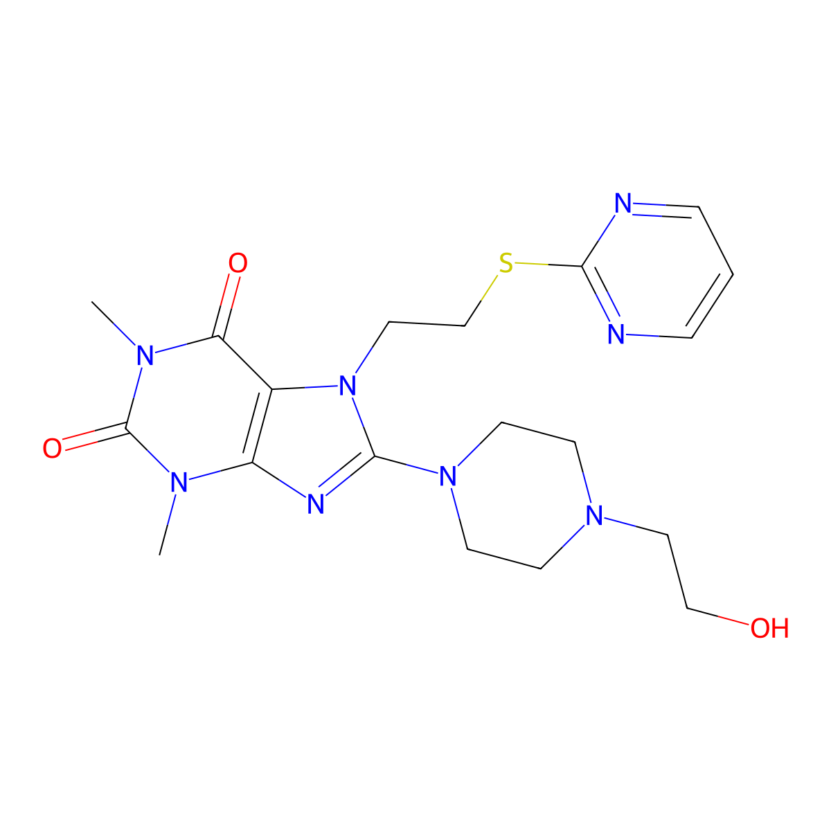 8-(4-(2-hydroxyethyl)piperazin-1-yl)-1,3-dimethyl-7-(2-(pyrimidin-2-ylthio)ethyl)-1H-purine-2,6(3H,7H)-dione molecular structure, CAS 850914-95-3