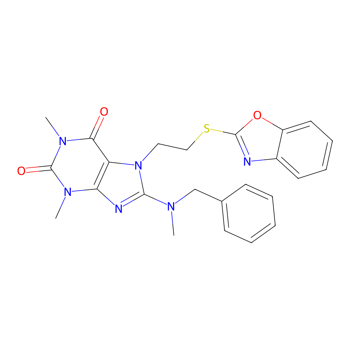7-(2-(benzo[d]oxazol-2-ylthio)ethyl)-8-(benzyl(methyl)amino)-1,3-dimethyl-1H-purine-2,6(3H,7H)-dione molecular structure, CAS 850914-96-4
