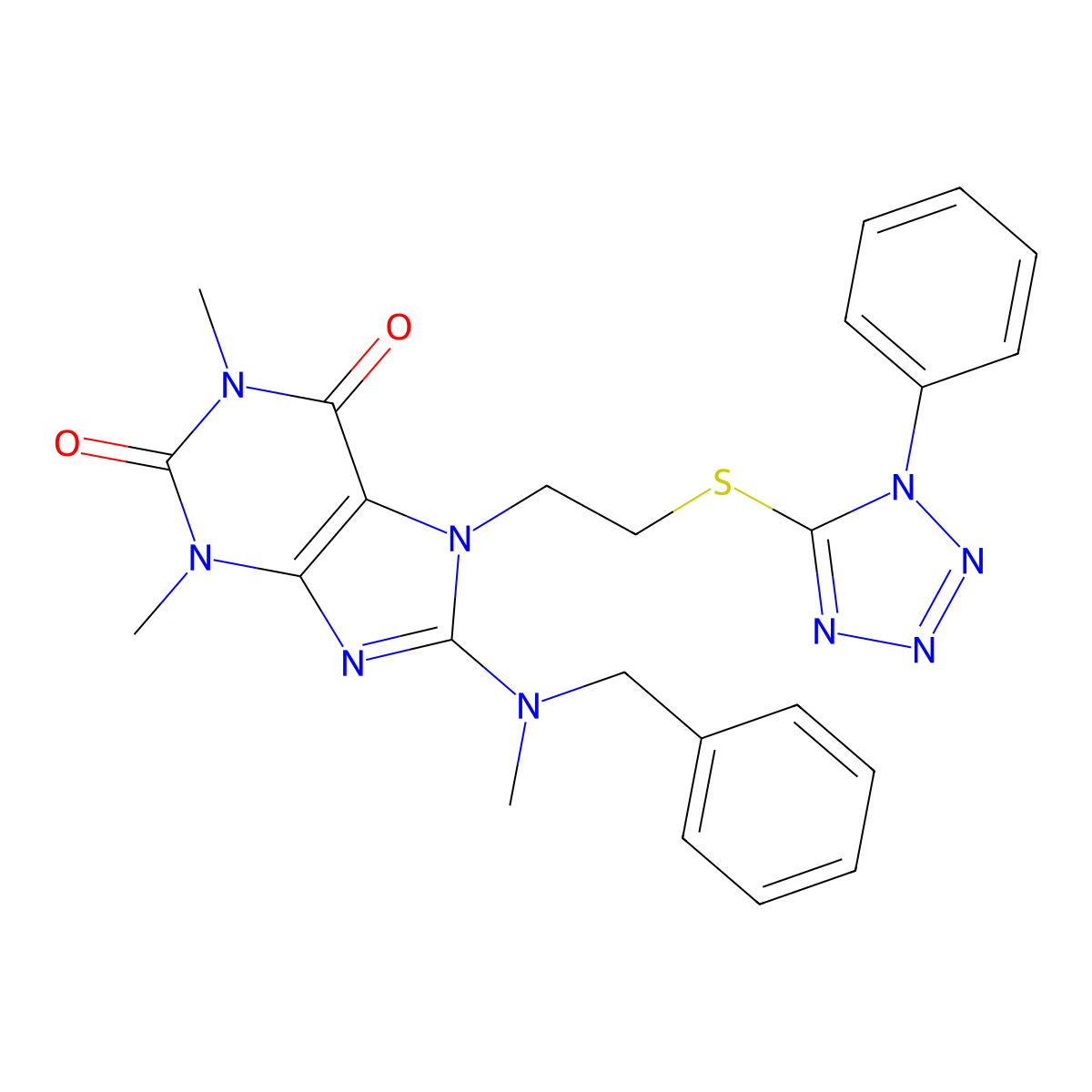 8-(benzyl(methyl)amino)-1,3-dimethyl-7-(2-((1-phenyl-1H-tetrazol-5-yl)thio)ethyl)-1H-purine-2,6(3H,7H)-dione molecular structure, CAS 850914-97-5