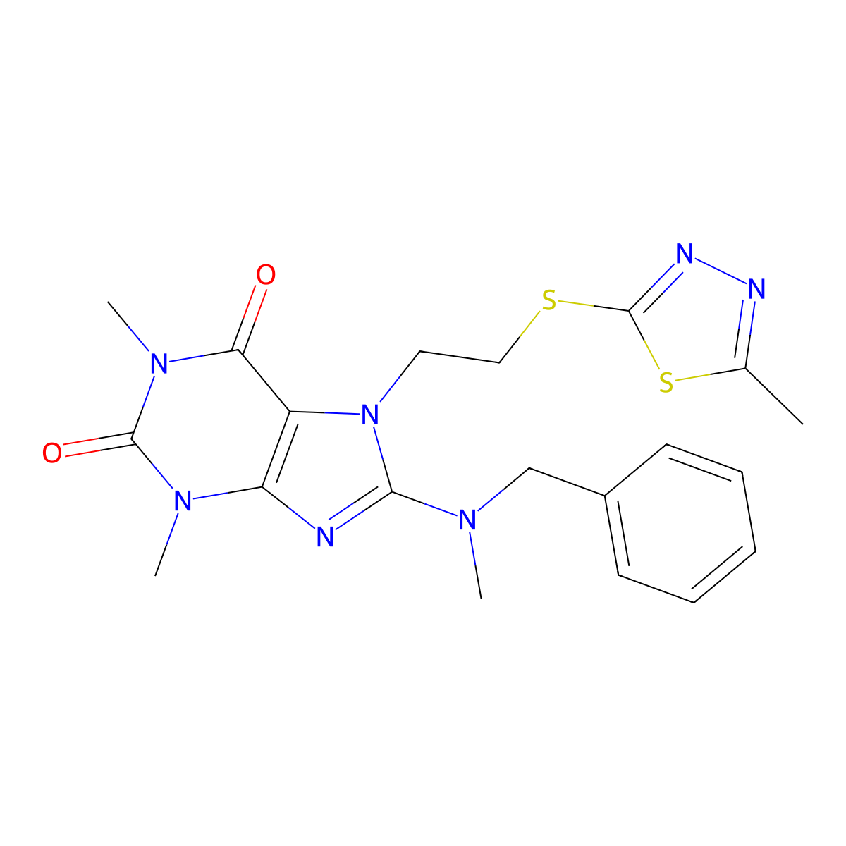 8-(benzyl(methyl)amino)-1,3-dimethyl-7-(2-((5-methyl-1,3,4-thiadiazol-2-yl)thio)ethyl)-1H-purine-2,6(3H,7H)-dione molecular structure, CAS 850914-98-6