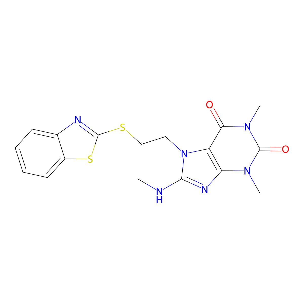 7-(2-(benzo[d]thiazol-2-ylthio)ethyl)-1,3-dimethyl-8-(methylamino)-1H-purine-2,6(3H,7H)-dione molecular structure, CAS 850914-99-7