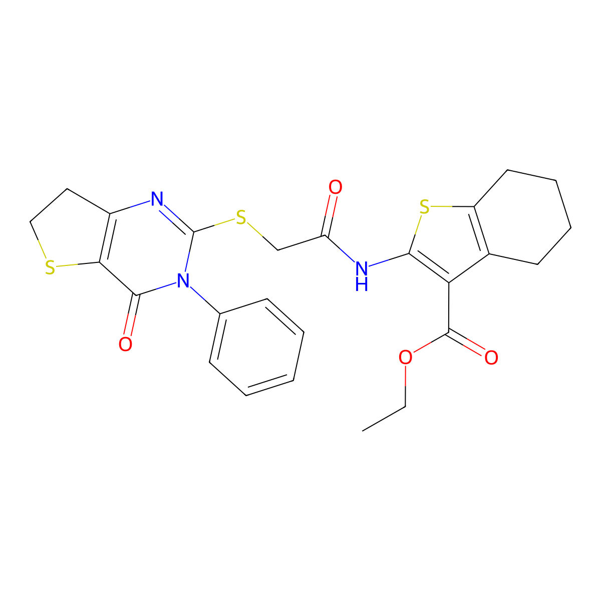 Ethyl 2-(2-((4-oxo-3-phenyl-3,4,6,7-tetrahydrothieno[3,2-d]pyrimidin-2-yl)thio)acetamido)-4,5,6,7-tetrahydrobenzo[b]thiophene-3-carboxylate molecular structure, CAS 850915-20-7