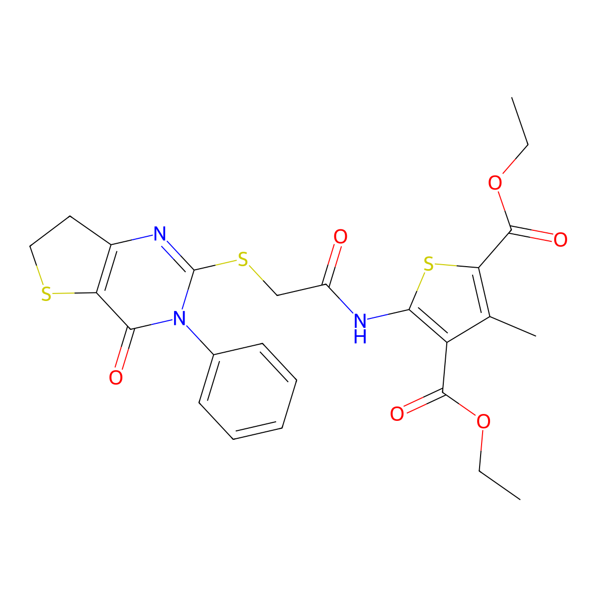 Diethyl 3-methyl-5-(2-((4-oxo-3-phenyl-3,4,6,7-tetrahydrothieno[3,2-d]pyrimidin-2-yl)thio)acetamido)thiophene-2,4-dicarboxylate molecular structure, CAS 850915-22-9