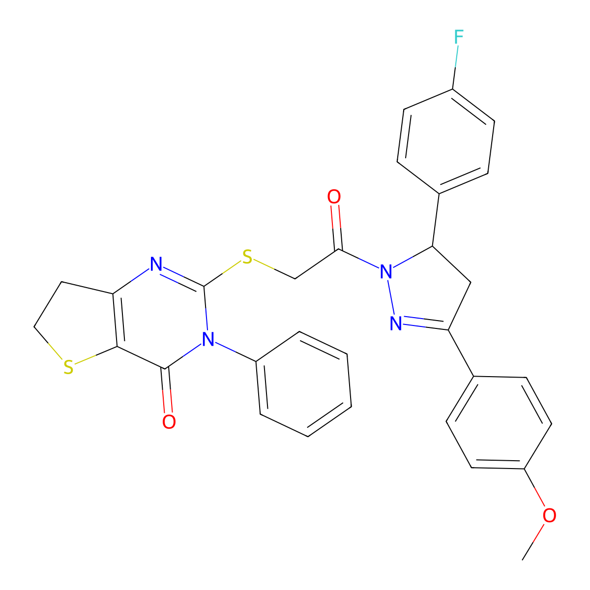 2-[2-[3-(4-Fluorophenyl)-5-(4-methoxyphenyl)-3,4-dihydropyrazol-2-yl]-2-oxoethyl]sulfanyl-3-phenyl-6,7-dihydrothieno[3,2-d]pyrimidin-4-one molecular structure, CAS 850915-23-0