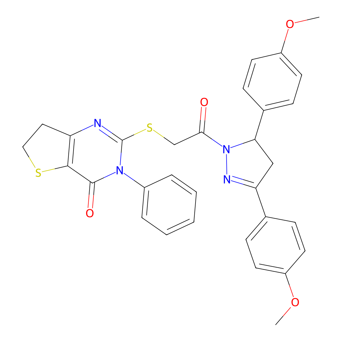 2-[2-[3,5-Bis(4-methoxyphenyl)-3,4-dihydropyrazol-2-yl]-2-oxoethyl]sulfanyl-3-phenyl-6,7-dihydrothieno[3,2-d]pyrimidin-4-one molecular structure, CAS 850915-24-1