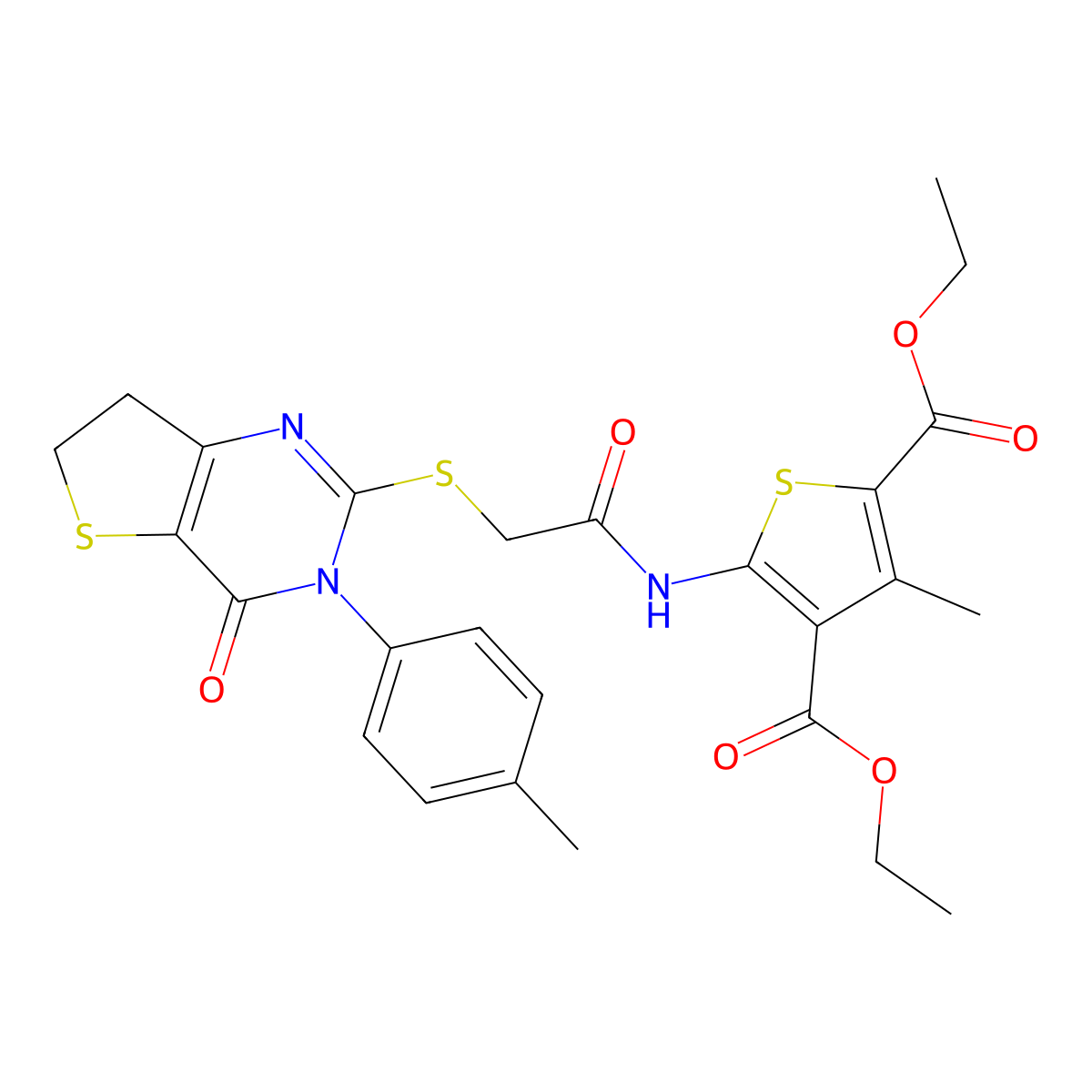 Diethyl 3-methyl-5-(2-((4-oxo-3-(p-tolyl)-3,4,6,7-tetrahydrothieno[3,2-d]pyrimidin-2-yl)thio)acetamido)thiophene-2,4-dicarboxylate molecular structure, CAS 850915-28-5