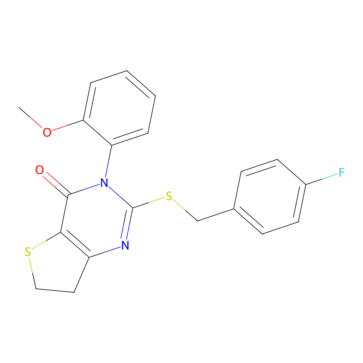 2-[(4-Fluorophenyl)methylsulfanyl]-3-(2-methoxyphenyl)-6,7-dihydrothieno[3,2-d]pyrimidin-4-one molecular structure, CAS 850915-34-3